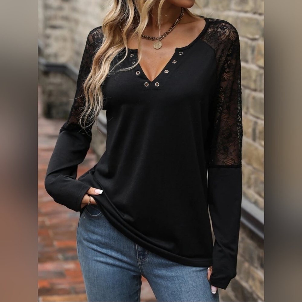 Black Lace Top Size M Medium 6 Blouse Floral Lace Sleeves Long Sleeve Shirt